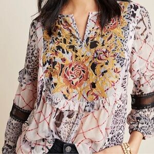Anthropologie Mathilda Mix Print Multicolor Embroidered Blouse. Size Small